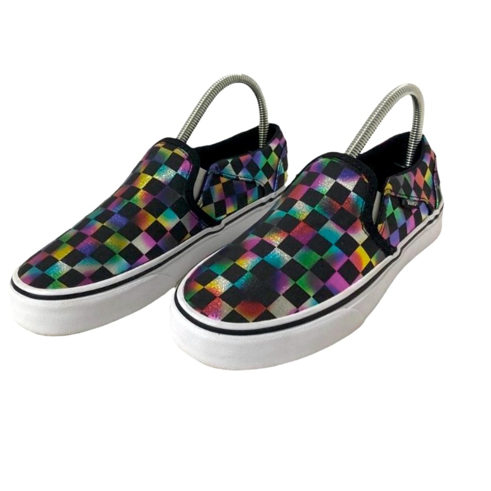Vans Asher Checkered Metallic Rainbow Slip On Low Skate Sneaker Women's 6.5 NWOB